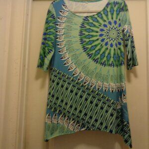 TRIBAL JUNGLE IN GREEN PRINT MINI  KNIT DRESS L